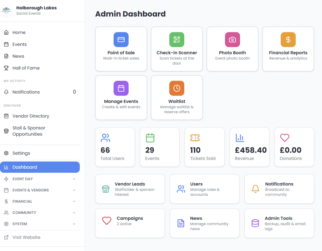 Admin dashboard — point-of-sale, check-in scanner, photo booth and live financial totals.