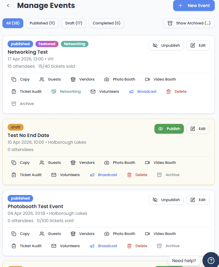 Manage Events — draft / published / completed filters, guests, vendors, booths, and per-ticket audit.