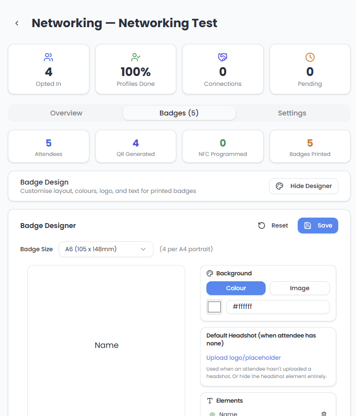 Networking — opt-in stats plus the A6 QR badge designer with headshot, background, text and NFC elements.