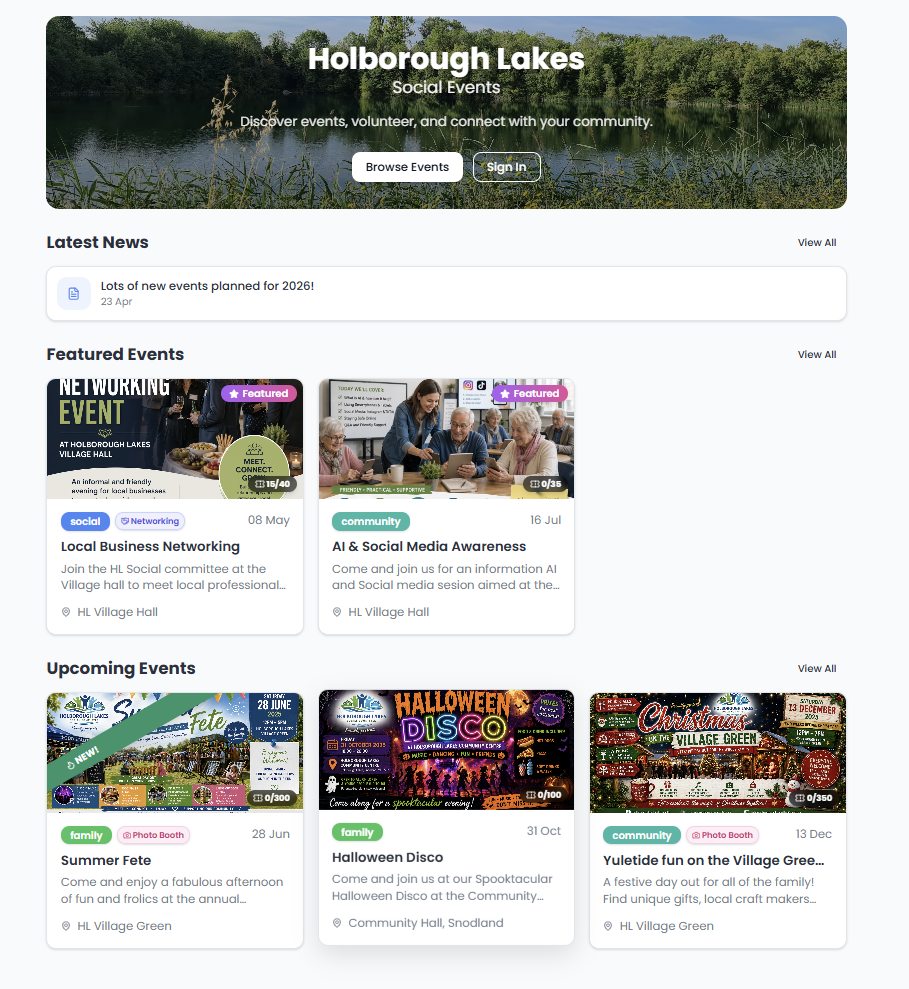Residents land on upcoming events, news and featured happenings — guest-friendly from the first tap.