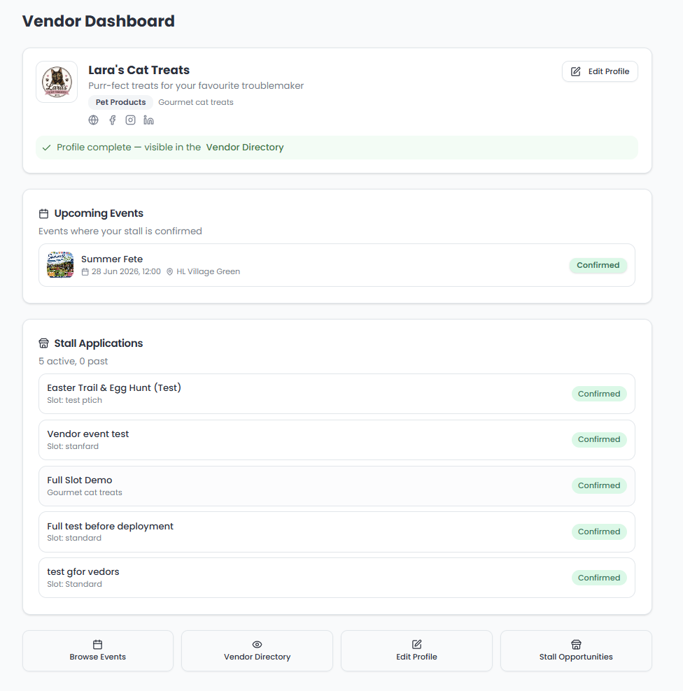 Vendors manage their profile, upcoming confirmed stalls and all active applications from one dashboard.